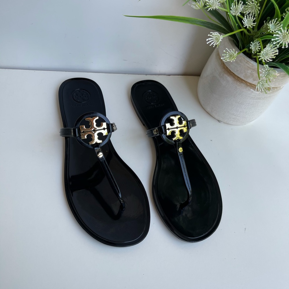 Tory Burch Mini Miller Jelly Sandals Black & Gold size 8